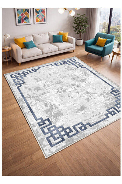 STY Home Gri Mavi Dijital Baskı Halı Kaymaz Tabanlı Yıkanabilir Halı Yolluk S...