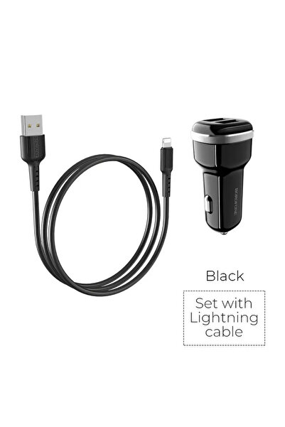 Borofone Încărcător auto cu 2 porturi USB și cablu Lightning inclus, negru