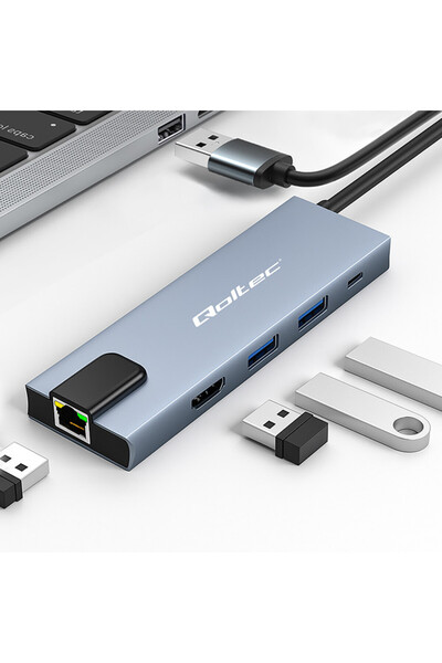 Qoltec Hub USB-C 5 în 1 |   USB-C PD 100W |   2xUSB |   HDMI 4K |   RJ45