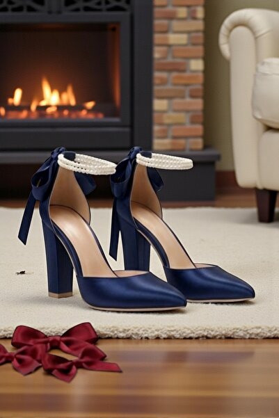 Famels Bow-Tie Heeled Shoes in Navy Blue Satin with Pearls and Barettes, Even...