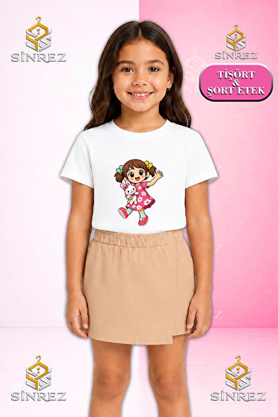 SİNREZ Girl's Set Kiz Oyuncak Kolda Printed Short Sleeve T-Shirt Shorts Skirt