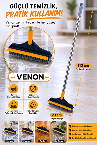 VENON V Şekil Sert Fırça ve Çekpas 112 Cm Uzun Saplı 2’si 1 Arada Çekçekli Ye...