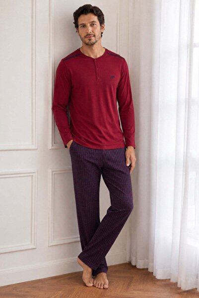 PİJAPİA Men's Long Sleeve 100% Cotton Pajama Set Claret Red