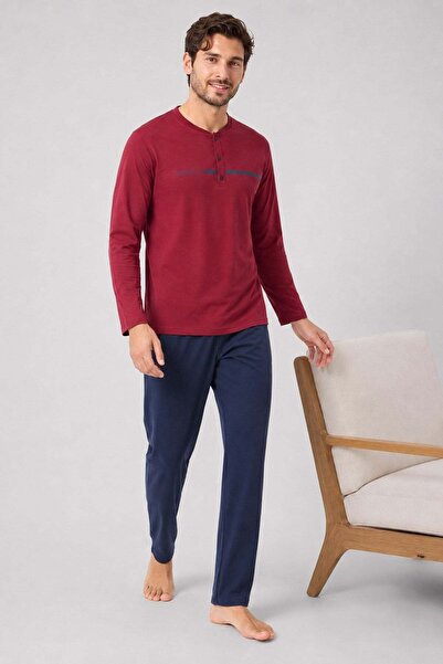 PİJAPİA Men's Long Sleeve 100% Cotton Pajama Set Claret Red