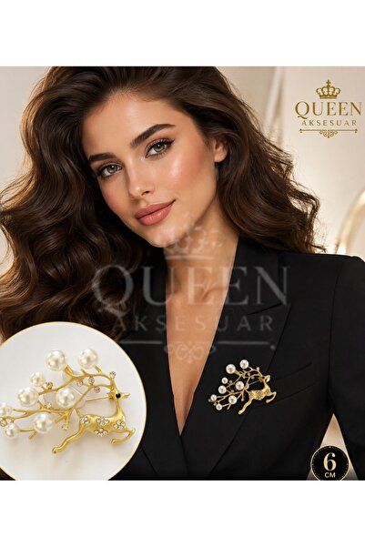 QUEEN AKSESUAR Lüks gold altın metal incili taşlı ağaç dalları geyikli boynuz...