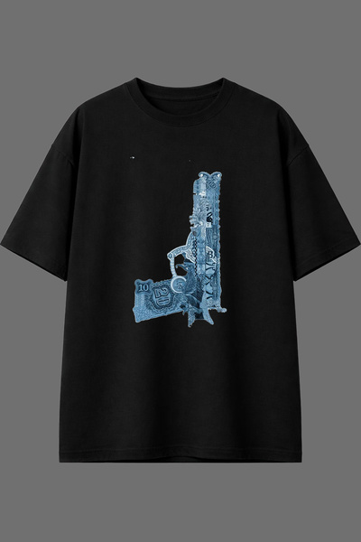 VSRN Blue Pistol Design Front Printed Black Oversize t Shirt