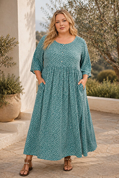 Park Moda Women's Plus Size Emerald Green Viscose Dress Summer Long Buttoned ...