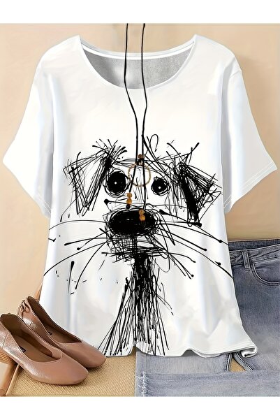 121 Plus Size Women's Top Black and White Dog Print Short Sleeve T-Shirt Roun...