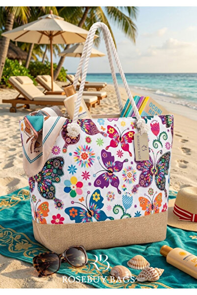 RoseBuy Bags Hasır Görünümlü Renkli Desenli Salaş Çanta – Büyük Boy Plaj ve S...