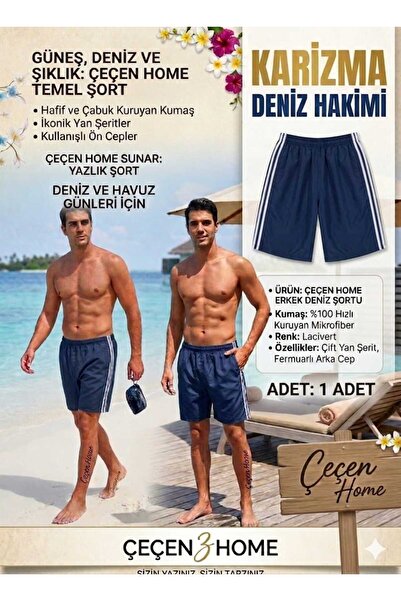 ÇEÇEN HOME Çift Şerit Detaylı Uzun Erkek Deniz Şortu , Paraşüt Kumaş Uzun Şor...
