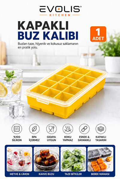 evolis kitchen 1 Adet 15 Bölmeli Kapaklı Silikon Buz Kalıbı-Et Suyu Saklama K...