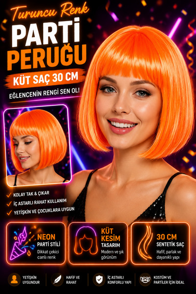Tamsena Store Turuncu Neon Küt Kesim Parti Peruğu Sentetik Kısa Bob Saç 30 CM...