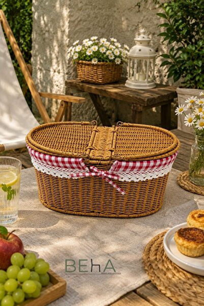 BehaHome El Yapımı Rattan Hasır Oval Piknik Sepeti Çift Kulplu Kapaklı Düzenl...