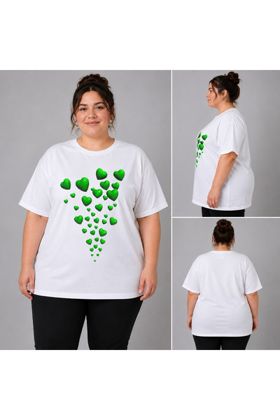 VODEXA Women's Oversize T-Shirt Green Hearts Printed 100% Cotton T-Shirt Larg...