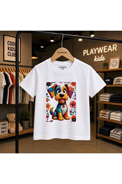 playwear Цветна плетена тениска с щампа Дож, 100% детска унисекс тениска за 5...