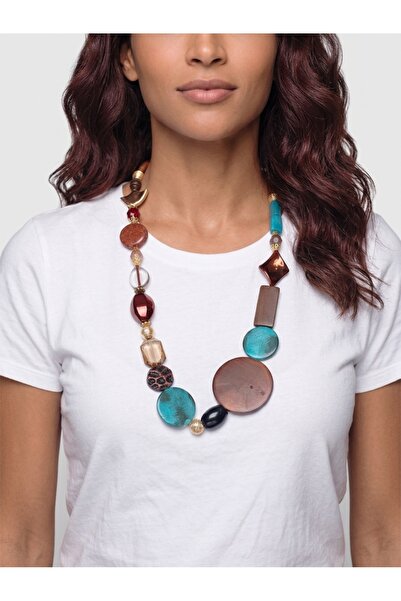 COCOSH TAKI Turquoise Brown Wooden Beaded Long Necklace with Gold Details