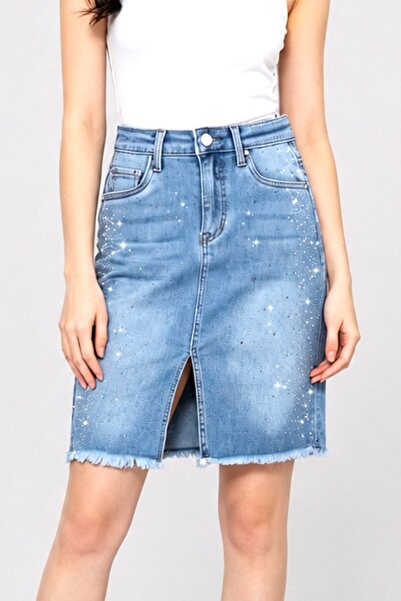 FashionForYou Midi denim skirt SALERMO, with slit and sequins, Prespald Blue