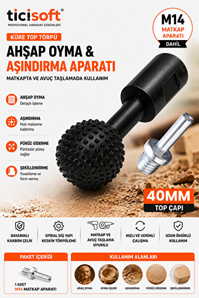 Ticisoft M14 Aparatlı Küre Top Törpü 40mm Ahşap Oyma Aşındırma Ucu Avuç Taşla...