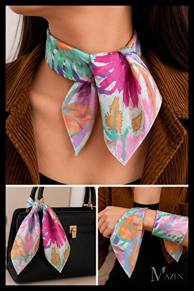 MAZEN Eșarfă de vară din șifon cu model tropical 45x45 |   Accesoriu pentru g...