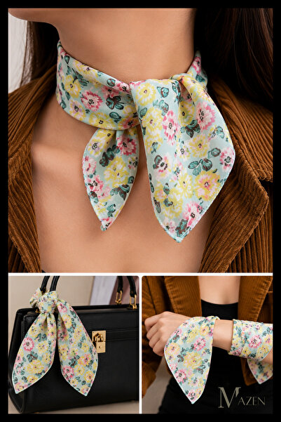 MAZEN Colorful Floral Patterned 45X45 Summer Chiffon Scarf |   Women's Neck H...