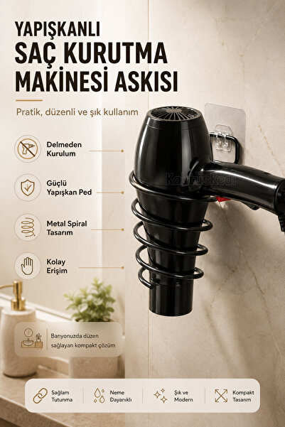 KaktüsKedi Lepilna vješalica za sušilo za kosu, crna, od nehrđajućeg metala, ...