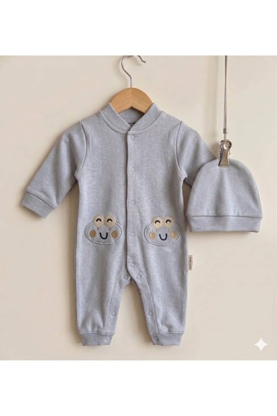 KapsülBebek Frog Embroidered 100% Cotton Blue Jumpsuit
