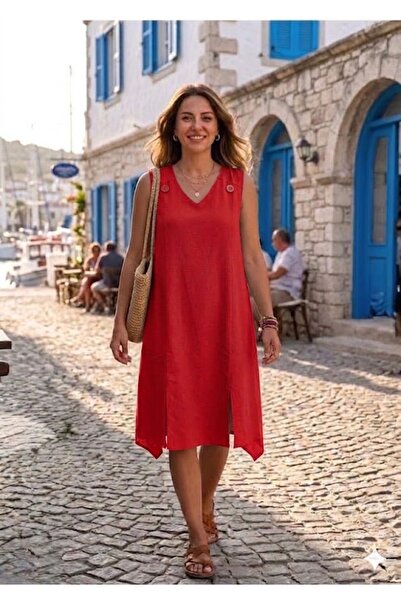 AYASOFYA OTANTIK Women's V-Neck Strappy Midi Dress