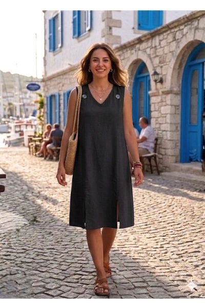 AYASOFYA OTANTIK Women's V-Neck Strappy Midi Dress