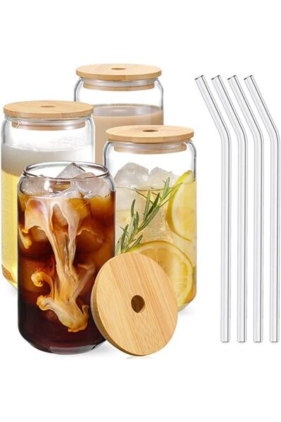Arabest 4-Piece Glass Cups Set,Bamboo Lids,Glass Straws,Can Shaped,540ml,for ...