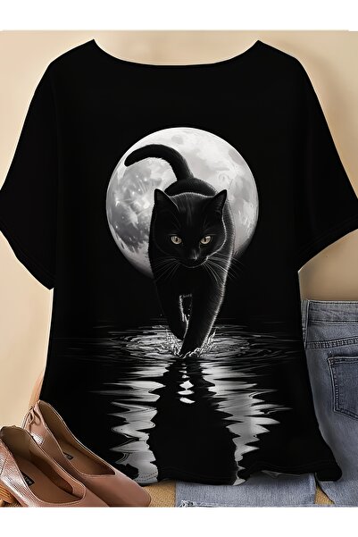 121 Women's Summer Casual Long Sleeve Plus Size T-Shirt - Black Cat and Moon ...