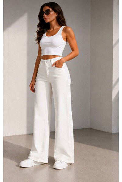 MRİABE Women's White Lycra Loose Palazzo Jean Trousers High Waist Wide Leg Mo...