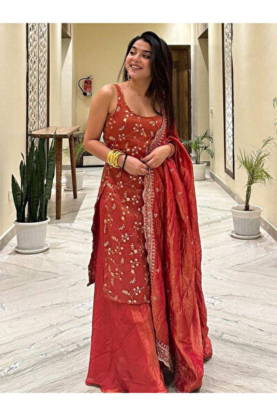 MYSMAR Rust Orange Chinnon Embroidered Salwar Suit - HRT4727 | Rust