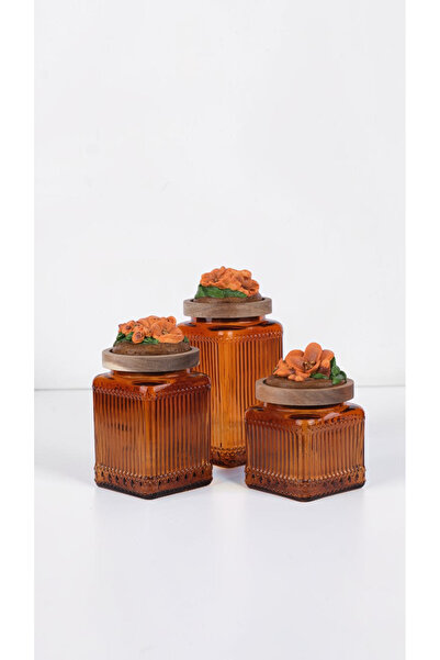 byUZUNOĞLU Vintage Country Decorative Glass Jar Set of 3 - Amber Flower Detai...