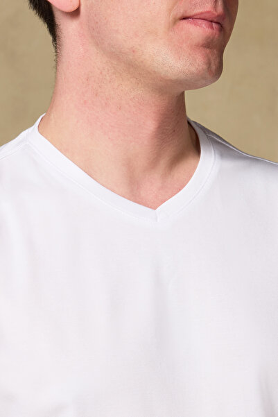 Abbate Vita Merserize Pamuklu Modern Fit Beyaz V Yaka Erkek Düz T-Shirt