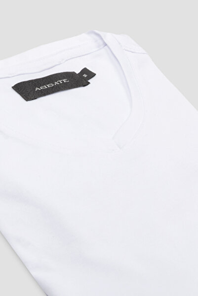 Abbate Vita Merserize Pamuklu Modern Fit Beyaz V Yaka Erkek Düz T-Shirt