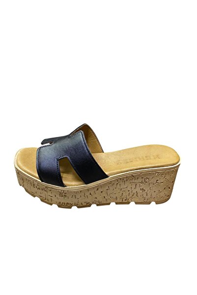 Teğmen Women's Thick Filled Heel Genuine Leather H Model Slippers