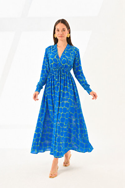 LADYA COLLECTION Blue Green Patterned Midi Length Double Breasted Collar Wais...