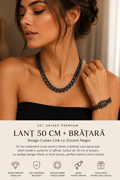 OEM Set Lanț 50 cm + Brățară Cuban 20cm Premium Unisex cu Zirconii Negre | Oț...