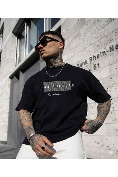 LELVANİ Tricou pentru bărbați Los Angeles Stripe Scripted Crew Neck