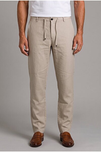 Bisse Beige Linen Jogger Drawstring Sports Pants