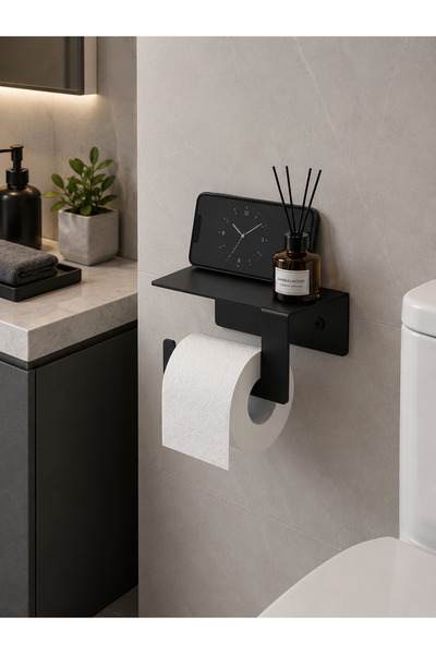 YDGR Mat Siyah Metal Wc Tuvalet Kağıdı Askılığı Telefon Standlı