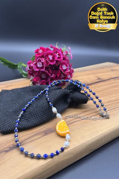 Balzamin Design Lapis Lazuli Doğal Taşlı İnci ve Murano Cam Boncuklu Çelik Ap...