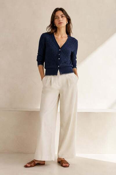 Ferraro Navy Blue V-Neck 100% Organic Cotton Women's Knitwear Cardigan