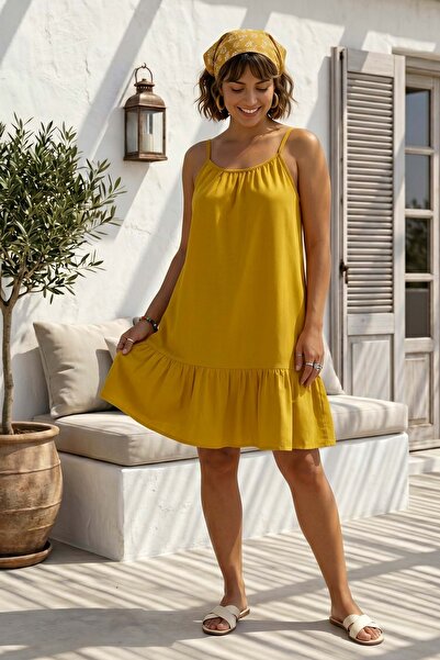 Chiccy Mustard Skirt Ruffled Adjustable Strap Casual Viscose Standard Woven D...
