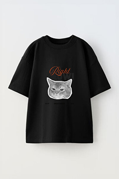 Anetos Tricou oversize negru din bumbac cu imprimeu frontal Grumpy Cat Meow D...