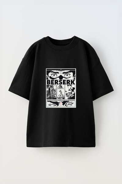 Anetos Tricou oversize negru din bumbac cu imprimeu frontal Guts Berserk Design