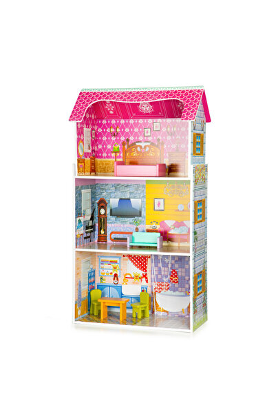 Ecotoys Casă de păpuși înaltă din lemn + mobilier
