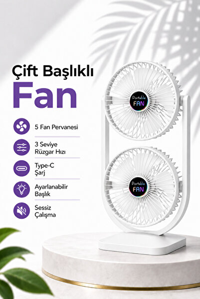 RAYLAX çift başlıklı fan Şarjlı Masaüstü Vantilatör soğutucu Type-C Girişli, ...