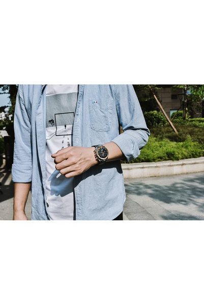 Benyar Watches for Men Luxury Quartz Water Resistant Watch Men's Chronograph Genuine Leather Strap 5151Blue