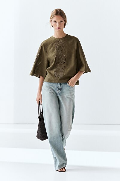 Massimo Dutti İşlemeli detaylı keten karışımlı bluz